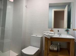 ein Badezimmer mit einem WC, einem Waschbecken und einem Spiegel in der Unterkunft Apartamento Enriqueta in Granada