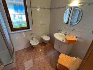 a bathroom with a sink and a toilet and a mirror at Lenzerhof in Lappago