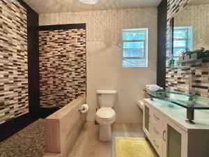 a bathroom with a toilet and a glass sink at Villa Jaden #2 in Road Town