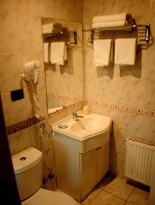 a bathroom with a sink and a toilet and a mirror at Hotel Seminario in Puerto Montt