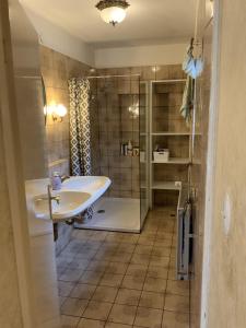 ein Bad mit einer Badewanne, einem Waschbecken und einer Dusche in der Unterkunft The Green Park Nest Frankfurt in Friedrichsdorf