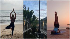 três fotos de uma mulher fazendo yoga na praia em Trinco Boutique Hotel em Trincomalee