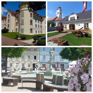 a collage of pictures of a building and a park at Ferienhaus Kärntnergmiat in Feldkirchen in Kärnten