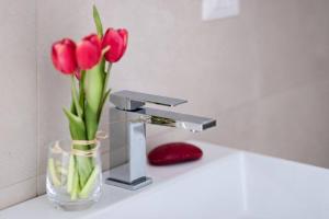 um lavatório de casa de banho com um vaso de tulipas vermelhas e um lavatório em [Careggi/Mayer] comfortable apart em Florença