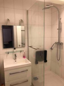 a bathroom with a shower and a sink and a mirror at Grand appartement proche métro in Paris