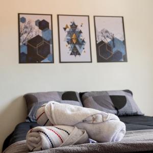 貢薩爾維斯的住宿－Respiro na Serra, casa no coração de Gonçalves，一张带两条毛巾和墙上照片的床