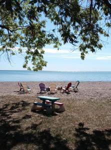 un grupo de sillas y una mesa de picnic en la playa en Entire Lake Huron sunrise family home with 160 feet of private Beach, en Keewahdin