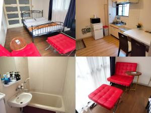 a room with a bed and a bathroom with red chairs at avanti house姪浜 in Meinohama