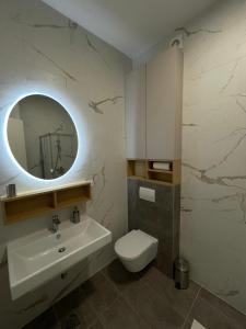 a bathroom with a sink and a toilet and a mirror at Apartment ALPHA in Banja Luka