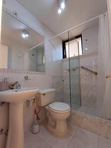 a bathroom with a toilet and a sink and a shower at Departamento El Encanto - Reñaca in Viña del Mar