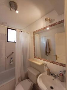 a bathroom with a toilet and a sink and a mirror at Departamento El Encanto - Reñaca in Viña del Mar