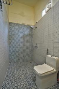 a bathroom with a toilet and a tiled wall at Amore Serenity Resort in Arambol