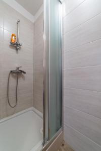 a shower with a glass door in a bathroom at Seventh house in Ilirska Bistrica