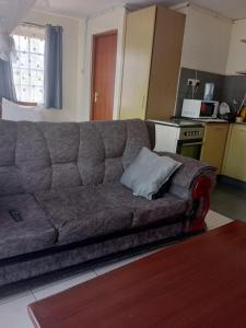 Best suites Mvuli في نيروبي: أريكة عليها وسادة في مطبخ