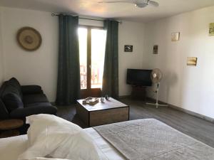 un soggiorno con letto e TV di Le Mayann a Le Diamant