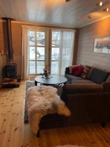 salon z kanapą i stołem w obiekcie Cabin close to Kjerag, hiking and lakes! w mieście Tjørhom
