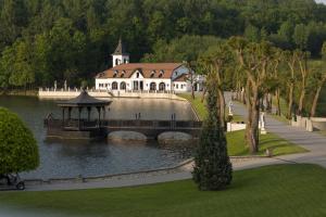 a bridge over a lake with a church and a building at Edem Resort Medical & SPA in Strelki