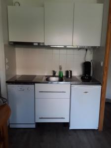 a small kitchen with white cabinets and a sink at Appartement Reallon 5 personnes en rez de jardin in Réallon