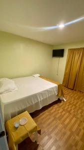 莎曼納聖塔芭芭拉的住宿－Paraíso de Rojas hotel，酒店客房配有一张床铺和一张桌子。