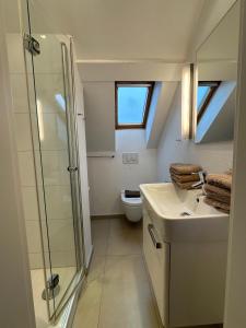 a bathroom with a shower and a sink and a toilet at Georg6 GEORG6 - Fewo 5 in Norderney