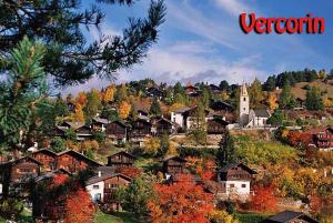 a town on a hill with trees and a church at La Montagnette, VERCORIN in Vercorin