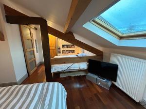 een slaapkamer met een bed en een flatscreen-tv bij Belle maison de ville dans Lyon in Lyon