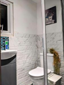 Small 1-Bed Apartment in London في كرويدون: حمام ابيض مع مرحاض ومغسلة