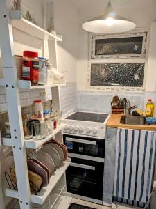 a small kitchen with a stove and a sink at Small 1-Bed Apartment in London in Croydon