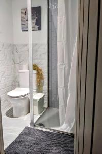 a bathroom with a shower with a toilet in it at Small 1-Bed Apartment in London in Croydon