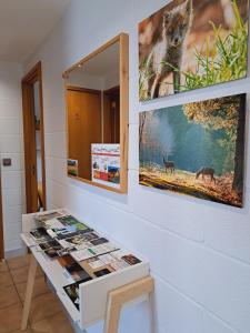 una mesa de exposición en una habitación con libros. en Gîte A Brouca, en Gouvy