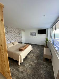 sypialnia z dużym łóżkiem i telewizorem w obiekcie Villa Jair Hotel w mieście Filandia