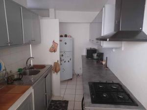 uma cozinha com um lavatório e um fogão forno superior em Appartement spacieux em Sainte-Clotilde