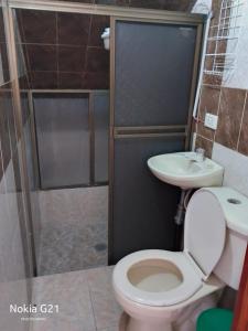uma casa de banho com um WC, um lavatório e um chuveiro em Aparta estudio valyval em Ibagué