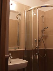 W łazience znajduje się prysznic i umywalka. w obiekcie Leśny Dworek w mieście Wyszków