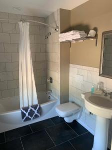 a bathroom with a toilet and a shower and a sink at Northport Inn Boutique Hotel R201 in Northport
