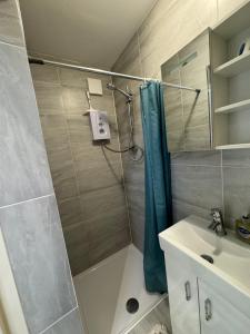 a bathroom with a shower and a sink at Studio room next to Gatwick in Crawley