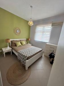 a bedroom with green walls and a bed with a rug at Eden Villa in Flic-en-Flac