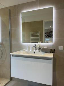 ein Bad mit einem Waschbecken und einem Spiegel in der Unterkunft Le Refuge in La Croix-Valmer