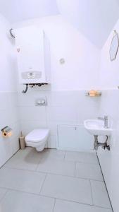 ein weißes Bad mit einem WC und einem Waschbecken in der Unterkunft Fmily Apartment in Praterstern area in Wien