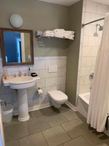 La salle de bains est pourvue d'un lavabo, de toilettes et d'un miroir. dans l'établissement Northport Inn Boutique Hotel R207, à Northport