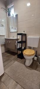 a bathroom with a toilet and a sink at Habán Lux Apartmanház in Hévíz