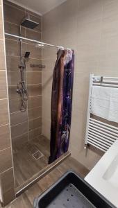 a shower with a glass door in a bathroom at Habán Lux Apartmanház in Hévíz