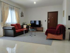 ein Wohnzimmer mit 2 Sofas und einem TV in der Unterkunft XΡΗΣΤΟΣ house in Ioannina