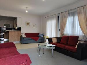 ein Wohnzimmer mit 2 Sofas und einem Tisch in der Unterkunft XΡΗΣΤΟΣ house in Ioannina
