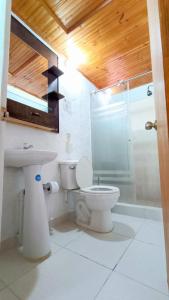 a bathroom with a toilet and a shower and a sink at Villa Marfelia Spa in Ricaurte