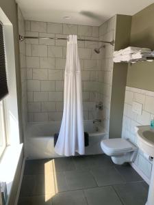 a bathroom with a shower curtain and a toilet at Boutique Hotel Room 8 in Northport