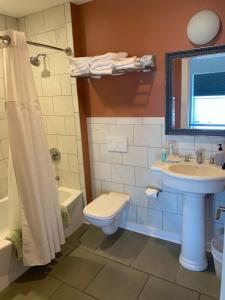 bagno con lavandino, servizi igienici e specchio di Northport Inn Boutique Hotel R206 a Northport