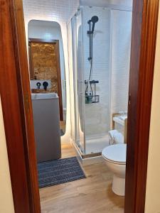 uma casa de banho com um chuveiro e um WC. em apartment garden em Caldas de Reis
