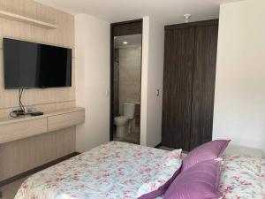 1 dormitorio con 1 cama y TV de pantalla plana en Lujoso, confortable y hermoso Apto en Funza,, en Funza