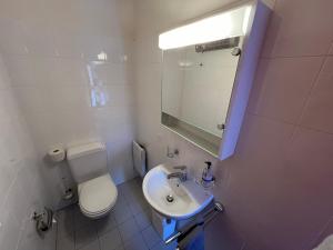 La salle de bains blanche est pourvue de toilettes et d'un lavabo. dans l'établissement Osteria Con Alloggio La Peonia Zona Bellavista Monte Generoso, à Mendrisio